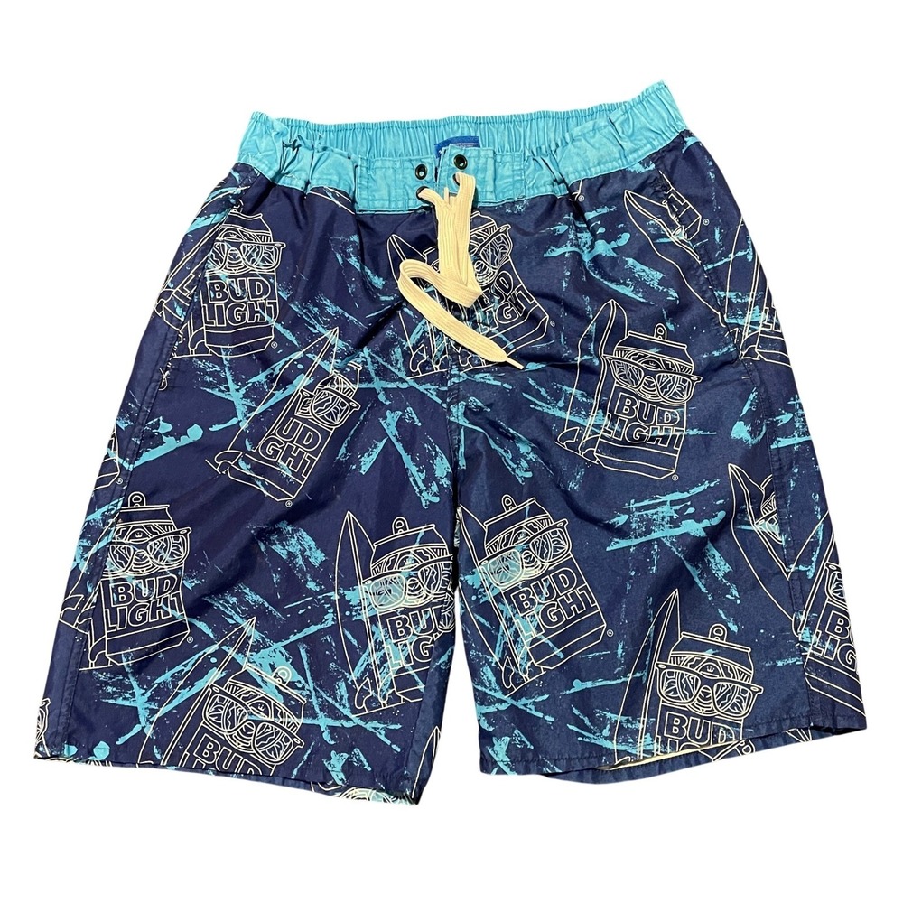 Bud Light Swim Trunks Mens M Navy Blue Beer Surfboard Novelty Beach Vacation